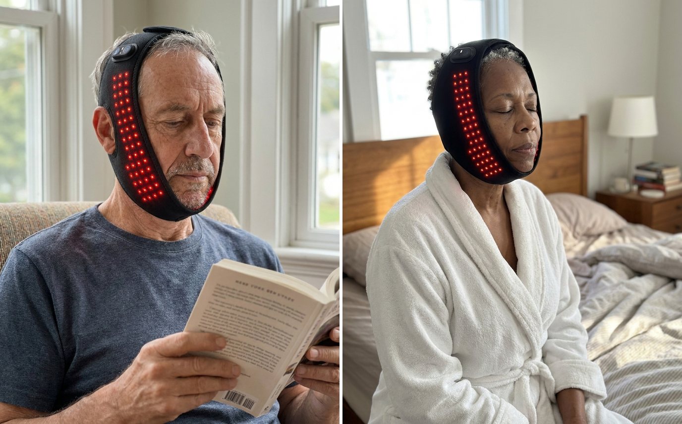 A man and a woman each wearing the Daywick TMJ Therapy Wrap with red lights glowing over both cheeks