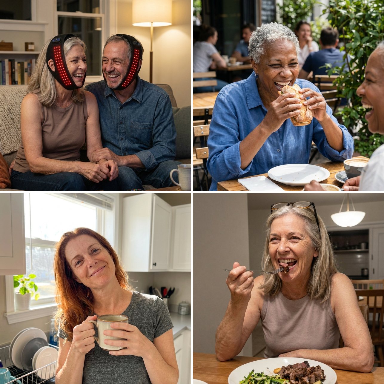 Daywick TMJ Therapy Wrap users laughing, eating and enjoying their mornings