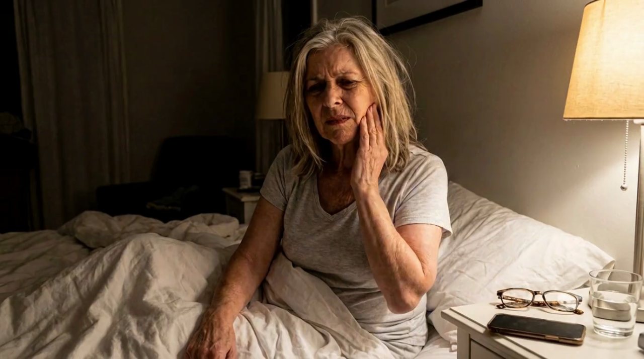 Woman in her 60s sitting up in bed at night holding her aching jaw