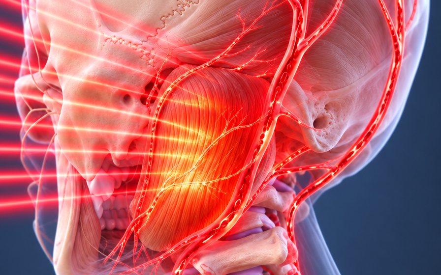 Red light reaching the jaw muscle under the skin