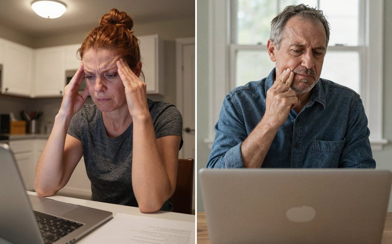 A stressed woman and a tense man clenching their jaws at their laptops
