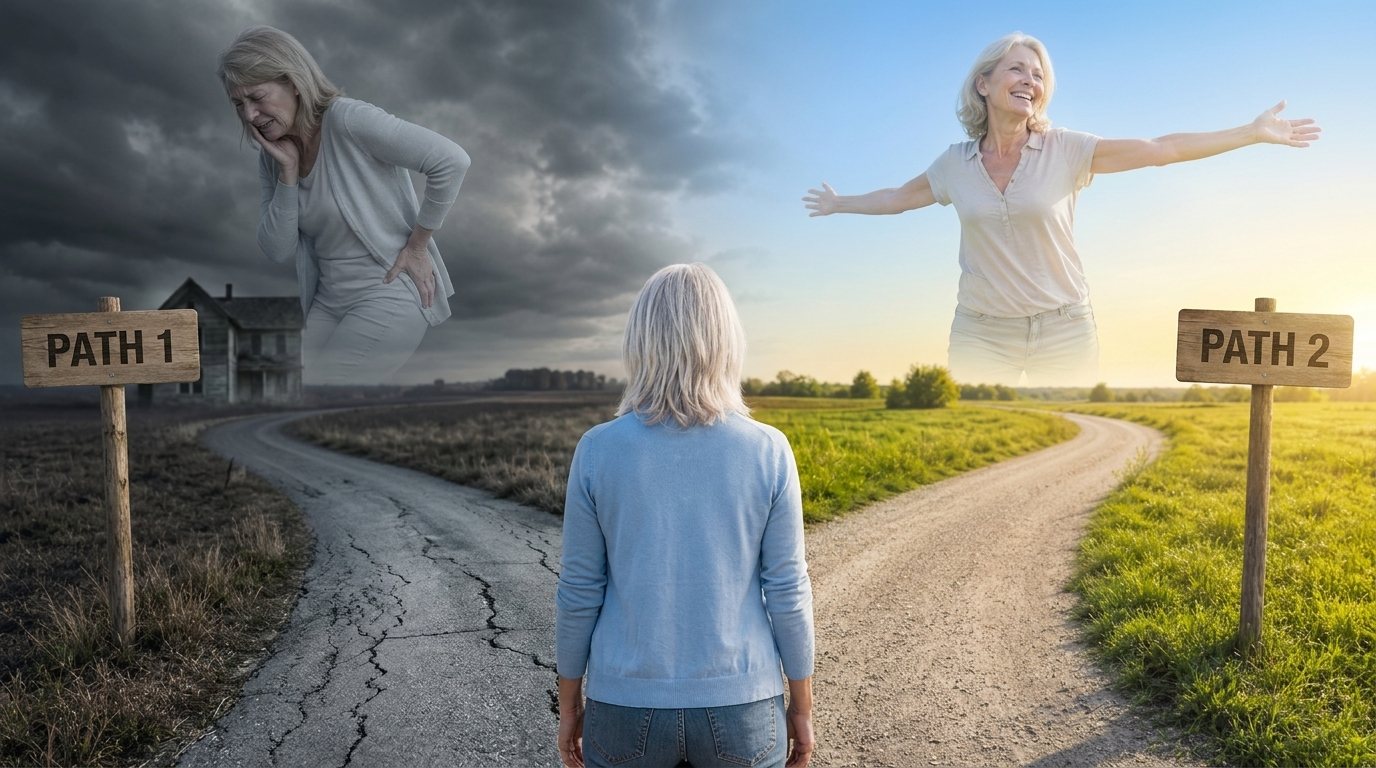Path 1: a gloomy road and a woman holding her aching jaw. Path 2: a sunny road and the same woman laughing