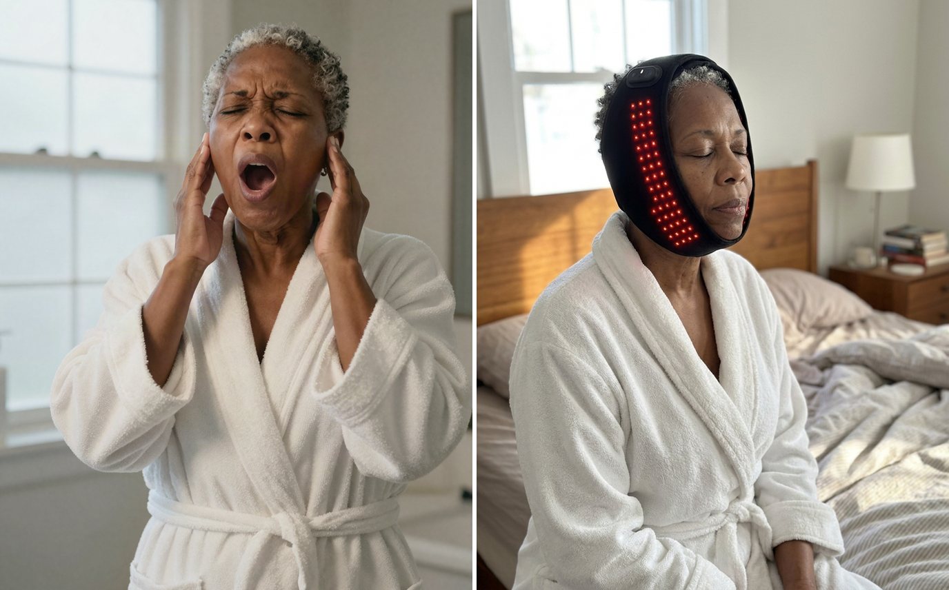 Before: holding her jaw after a painful yawn. After: relaxing in the wrap
