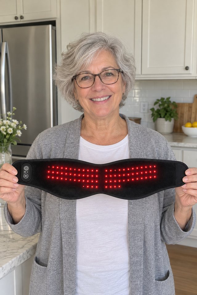 Woman in her kitchen holding up the jaw wrap