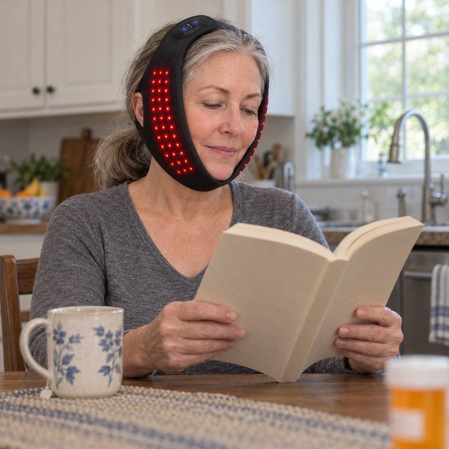 Woman reading at her kitchen table wearing the jaw wrap, a pill bottle pushed aside