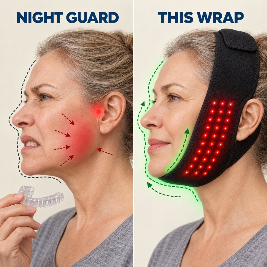 Comparison: clenched jaw muscle with a night guard versus a relaxed jaw with the wrap